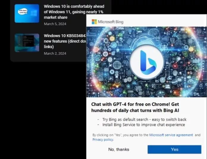 تبلیغ هوش مصنوعی بینگ برای کاربران کروم توسط مایکروسافت