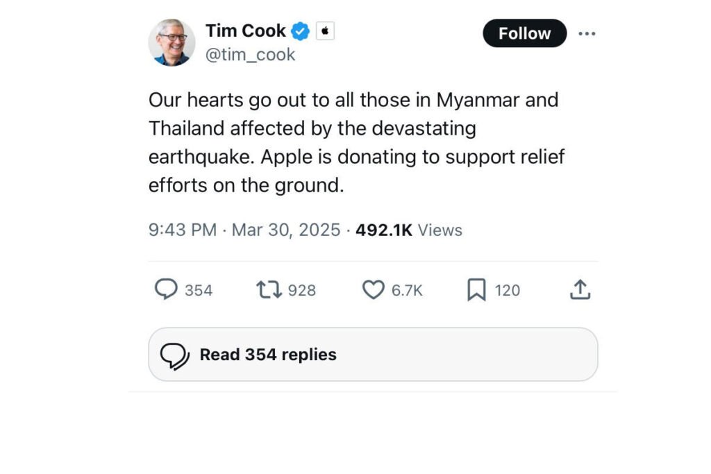 کمک مالی اپل به زلزله‌زدگان میانمار و تایلند